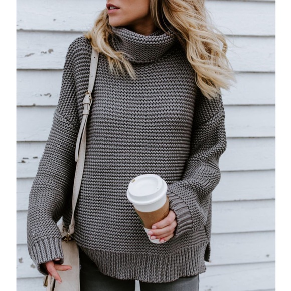 Grey turtleneck chunky sweater